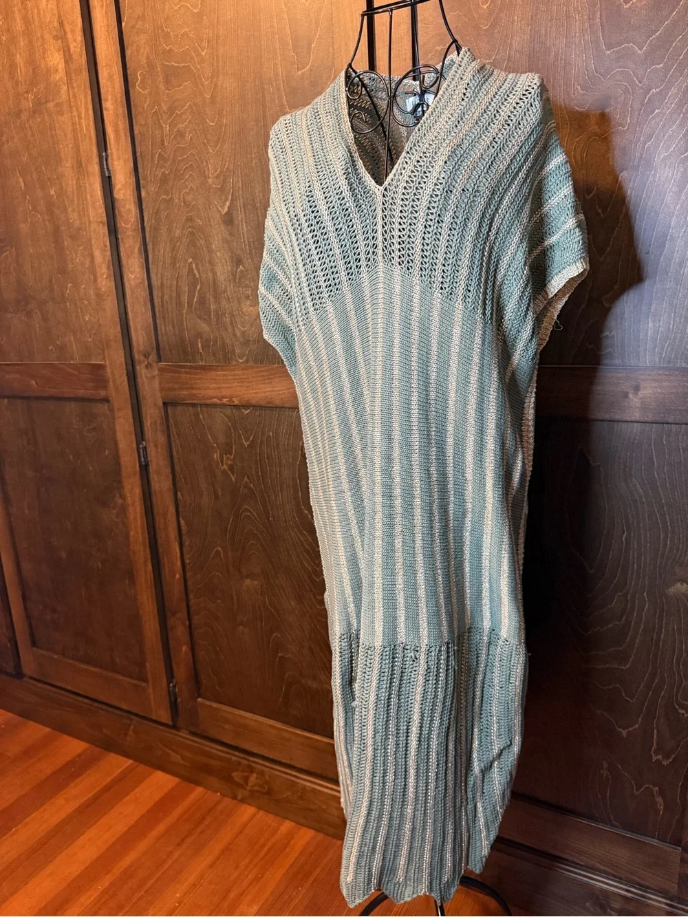 Knit V-Neck Stripe Swim Coverup in Sage and Cream